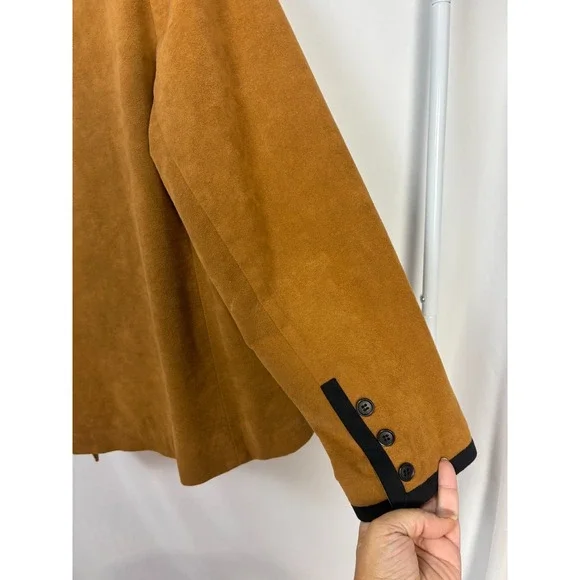Vintage Abe Schrader Suede Feel Blazer Jacket Women's Size 14 Brown Black Trim - Picture 10 of 10